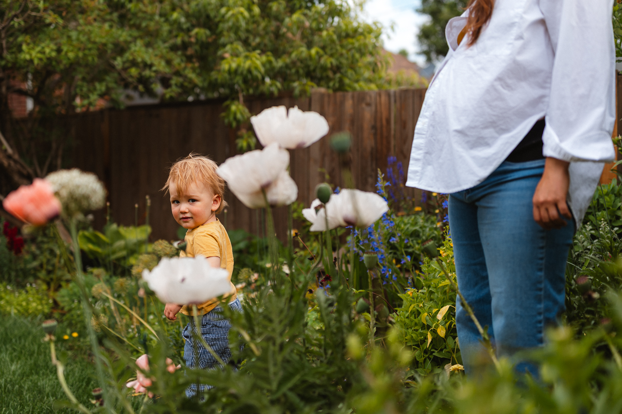 a pregnant mother and her toddler in their family garden